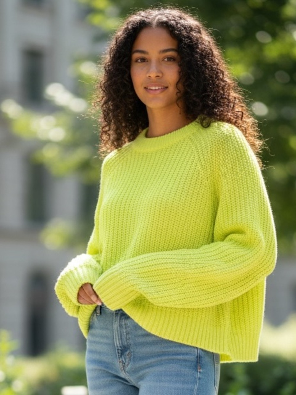 Bershka Women's Crewneck Chunky Knit Sweater in Neon Green